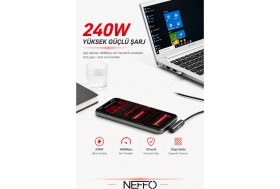 Resim Neffo 240W Ultra Hızlı Type-C Şarj Data Kablosu Katlanabilir Standlı Ergonomik Tasarım 1.5m Örgülü 