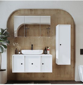 Resim Oval Lavabolu Mat Mdf 105 Cm Çekmeceli Banyo Dolabı + Aynalı Dlp Mat Beyaz 