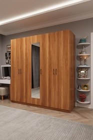Resim ASRA TREND Petra Desen G-04 5 Kapaklı 2 Çekmeceli Aynalı Gardırop 200x218 cm Çok Raflı Askılıklı Elbise Dolabı%100 MDFLAM Modern Yatak Odası Dolabı 