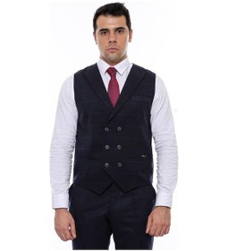 Resim Wessi Kruvaze Yakalı Kareli Desenli Erkek Yelek - Lacivert 