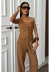 Resim Moderie Butik Tek Omuz Büstiyer Plazzo Pantolon Viscon Takım 10159 Kahverengi 