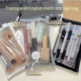 Resim Unisex-Erkeklik Naylon Kozmetik Çantası, Şeffaf File Depolama Organizatörü, Büyük Kapasiteli, Çok Amaçlı Kalem Kutusu, Dayanıklı, Kokusuz, Okul Malzemeleri, Kırtasiye, Makyaj Fırçaları, Ofis ve Seyahat için Baskısız 