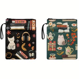 Resim Sevimli Kedi Tuval Kitap Kapağı Fermuarlı - Yıkanabilir Koruyucu Kapak, Cep Dahil - Kadınlar ve Genç Kızlar İçin Mükemmel Hediye, 28.96 X 22.1 cm 