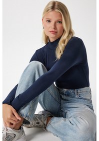 Resim Kadın Feel Lux Touch Dik Yaka Lacivert Uzun Kol Soft Bluz Lacivert 