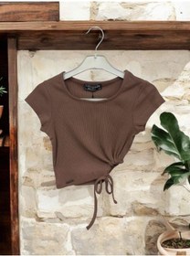 Resim Zekids Kız Çocuk Crop Yandan Pencereli Bluz-14395 Kahverengi 