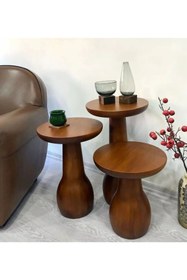 Resim Simillo Home&Living Wood Wooden 3’lü Set Mantar Yan Sehpa Ahşap Modern Ceviz Renk Fiskos Çiçeklik 