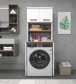 Resim Çamaşır Makinesi Dolabı 3 Raflı Kapaklı Banyo Dolabı Beyaz - Atlantik Çam 