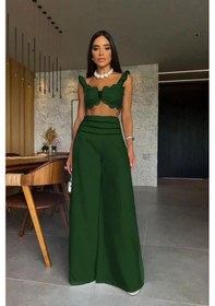 Resim İthal Double Kumaş Ara Biyeli Tasarım Alt Üst Takım İkili Takım Yeşil Yeşil 