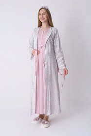 Resim Çizgili Bisiklet Yaka ve Uzun Sabahlıklı 2'li Hamile Lohusa Gecelik Seti - 2319 - Pudra / 2XL / Terlik ve Taç Seti İstemiyorum 