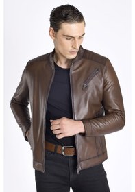 Resim Dik Yaka Spor Deri Mont-kahverengi Kahverengi 