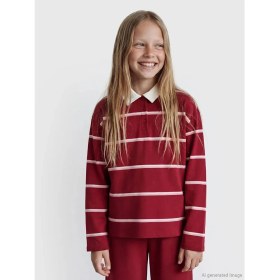 Resim LC Waikiki Lcw Kids Bordo Polo Yaka Çizgili Kız Çocuk Sweatshirt ve Eşofman Altı 