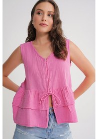 Resim Mixray 4722 Kadın V Yaka Fırfırlı Müslin Bluz Pembe 