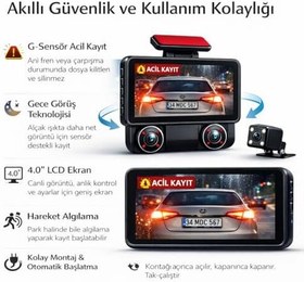 Resim WiFi Destekli 3 Kameralı Araç İçi Kamera - 1080P Full HD, 4.0'' Ekran, Gece Görüş, G-Sensör Acil Kayıt, Arka Görüş Kamerası, Döngüsel Kayıt ve Park Koruma Özellikli 