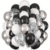 Resim 50 Siyah 12 İnç Gümüş Konfeti Balonlar, 10 İnç Beyaz Metalik Gümüş Balonlar Konfeti ile, Metalik Krom Gümüş Helium Balonlar, Doğum Günü Parti Süslemeleri, Yıldönümler, Mezuniyetler ve Yeni Yıl Partileri için Siyah ve Beyaz Balonlar. 