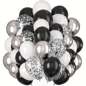 Resim 50 Siyah 12 İnç Gümüş Konfeti Balonlar, 10 İnç Beyaz Metalik Gümüş Balonlar Konfeti ile, Metalik Krom Gümüş Helium Balonlar, Doğum Günü Parti Süslemeleri, Yıldönümler, Mezuniyetler ve Yeni Yıl Partileri için Siyah ve Beyaz Balonlar. 