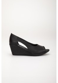 Resim Dilimler Ayakkabı Dolgu Taban Burun Açık Pencereli Ortopedik Suni Deri Siyah Kadın Dolgu Topuk Ayakkabı-2785-siyah 