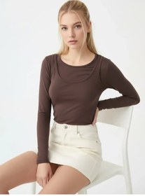 Resim Park Karon 26031 Kadın Geniş Yaka Slim Fit Tasrım Modal Penye Bluz Kahve 