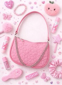 Resim ICONE BAG Paraşüt Kumaş Çiçek Kapitoneli, Suni Deri Detaylı, Pembe Kız Çocuk Baget Omuz Çantası 