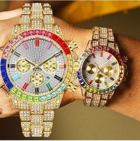 Resim Yingfu Gümüş Erkekler İzle Kuvars Saat Kronograf Renkli Çelik Buzlu Out İzle Altın 