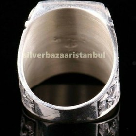 Resim 925 Sterling Silver Pencil Work Green Emerald Stone Mens Ring - US: 14.25 / 73.5 mm / Turk: 33.5 