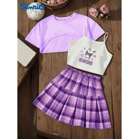 Resim Sanrio Kızlar İçin 3 Parça Takım - Ekose Pileli Etek, Kısa Kollu Crop Üst ve Tişört. Yazlık Günlük Giyim için Enerji ve Tatlılık Karışımı, Hello Kitty, My Melody, Kuromi & Cinnamoroll 