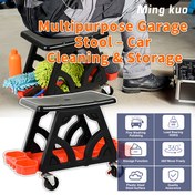 Resim 2'si 1 Arada Mobil Tekerlekli Saklama Taburesi, Kilitlenebilir Tekerlekler, 150kg Kapasite, Araç Tamir Parçaları Düzenleme ve Temizleme Detay Aletleri için Alet Tepsisi, Garaj Oto Detaylandırma Yüksek Pozisyon Temizliği, Saklama Rafları için Uygun 