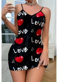 Resim Yenisinial Love Desenli Siyah Saten Gecelik Siyah 