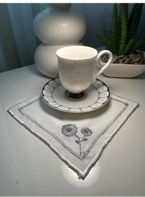 Resim Rokoko El İşlemesi Kahve Sunumluk Peçetesi Keten 6 Parça Beyaz 