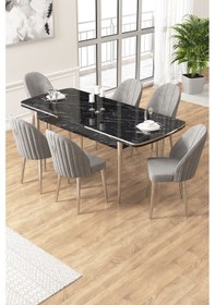 Resim Canisa Edaf Serisi 80x132 Açılabilir Siyah Mermer Desen Mutfak Masa Takımı 6 Gri Sandalye Krom Detay Masa Siyah Mermer Desen Sandalye Gri Krom Ayak 
