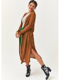 Resim Kadın İnce Triko Uzun Kahverengi Hırka Kahverengi 