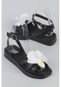 Resim Shoetek Ellisa Kadın Sandalet Çapraz Bantlı Çiçekli Siyah Deri Siyah 