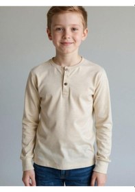 Resim Zekids Erkek Çocuk Düğmeli Pamuklu İnce Uzun Kollu T-shirt-16778 Bej 