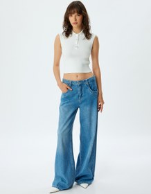 Resim Kolsuz Düğmeli Polo Yaka Crop Triko Üst 