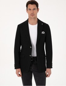 Resim Cacharel Siyah Slim Fit Yün Karışımlı Kırlangıç Yaka Balık Sırtı Blazer Ceket 