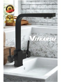 Resim Köşeli Lüks 3 Yollu Arıtma Çıkışlı Mıx Aç-kapa Mutfak Eviye Bataryası Siyah 