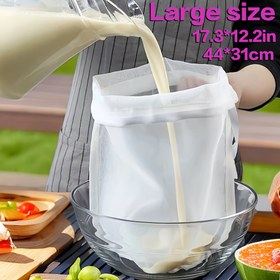 Resim 1 adet Büyük İpli Naylon Filtre Torbası, Soya Sütü Artıkları Filtre Torbası Dayanıklı ve Kolay Temizlenebilir İnce Gözenekli Süzgeç Soya Sütü, Fındık Sütü, Çay, Kahve ve Yoğurt için - Tekrar Kullanılabilir Filtre Torbası 