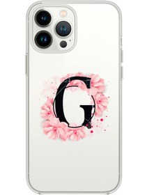 Resim mooodcase Iphone 13 Pro Pembe Çiçek Desen G Harfli Premium Şeffaf Silikon Kılıf 