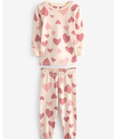 Resim Kız Çocuk Yeni Sezon %100 Pamuk Penye Somon Tonlu Kalp Baskılı Paça Lastikli Pijama Takımı Kalp Çok Renkli 