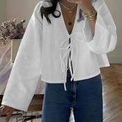 Resim Kadın Renkli Uzun Kollu Casual Gömlek V-Yaka ve Bağ Detayı ile, Dokuma Polyester, Tüm Mevsim Yetişkin Moda Üst 