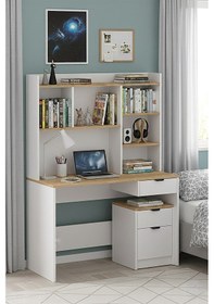 Resim Harmony Raflı, Çekmeceli Çalışma Masası + Keson Beyaz - Cadiz Antrasit 