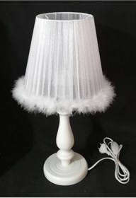 Resim TEKAY AYDINLATMA Beyaz Tüylü Beyaz Ahşap Ayaklı Yatak Odası Abajuru Çocuk Odası Abajur 