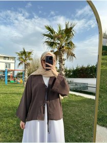 Resim SAMSA önü bağlamalı 2 bağcıklı kimono gömlek modern tesettür şık yeni sezon etek üstü kimono 