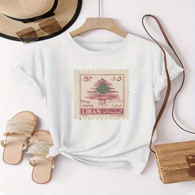 Resim 1 Adet Kadın Vintage Lübnan Damga Baskılı Tişört - LIBAN & Sedir Ağacı Desenli, Açık Gri Yuvarlak Yaka Günlük Üst, Makinede Yıkanabilir Her Mevsimlik, Tatil İçin Benzersiz Kültürel Hediye, Nostaljik Moda, Rahat Kumaş, Retro Tarz, Nefes Alabilen Tişört, Baskılı Tişört, Moda Tutkunları İçin 