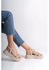 Resim Bella Lastikli Şerit Detaylı Ortopedik Taban Kadın Sandalet Ckt - Krem Krem 