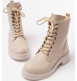 Resim 02-356 Bej Galata Düz Topuklu Bağcıklı Fermuarlı Günlük Kadın Bot Bej 