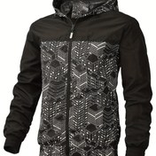Resim Erkeklerin Rahat Kapüşlü Renk Bloğu Desenli Ceket, Fermuarlı Plaket, Polyester Astar, Bol Kesim, Uzun Kollu, Normal Uzunluk, Esnek Olmayan Kumaş, Fermuarlı Cep Detayları ile, Açık Hava, İlkbahar/Sonbahar için 