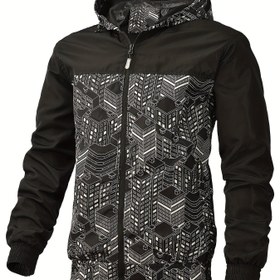 Resim Erkeklerin Rahat Kapüşlü Renk Bloğu Desenli Ceket, Fermuarlı Plaket, Polyester Astar, Bol Kesim, Uzun Kollu, Normal Uzunluk, Esnek Olmayan Kumaş, Fermuarlı Cep Detayları ile, Açık Hava, İlkbahar/Sonbahar için 