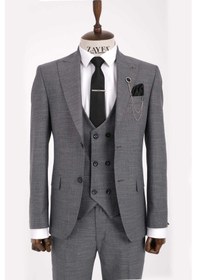 Resim Zayfa Gri 2 Düğme Slim Fit Yelekli Erkek Takım Elbise 