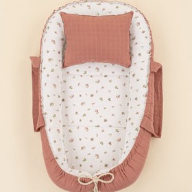 Resim Babynest ve Yastık - Çift Taraflı - Gül Kurusu Muslin - Çiçekler 