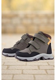 Resim Rakerplus Trekking Hakiki Deri Haki Yeşil Sarı Cırt Cırtlı Erkek Çocuk Bot Haki 